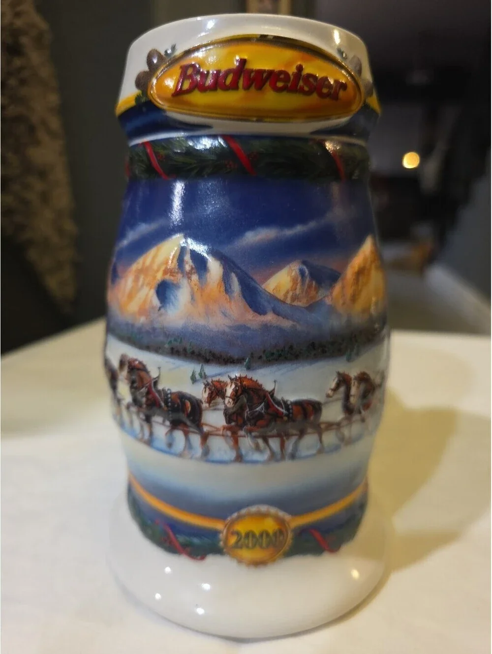 Budweiser Stein Collectible  Holiday In Mountains Christmas 2000